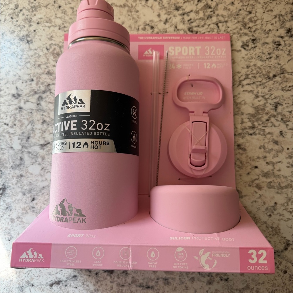 Hydrapeak Pink Insulated Water Bottle with Straw Lid
